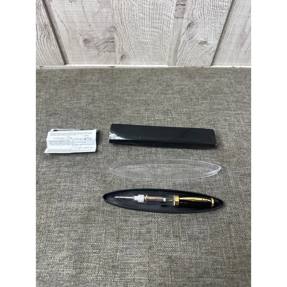 Light Up Pen Black Gold Tone Case Red LED Light Ballpoint Pen Flashlight